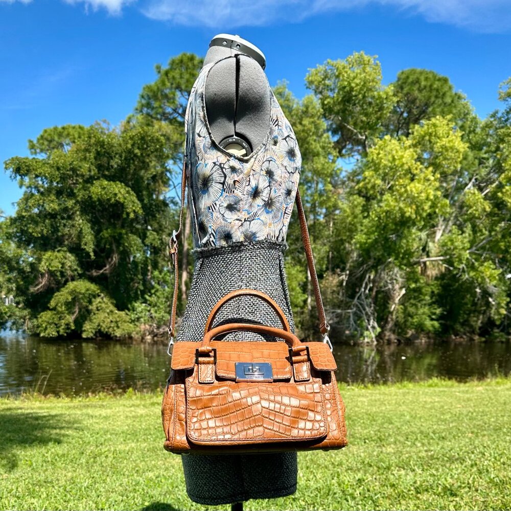 MICHAEL Michael Kors Sloan Croc Embossed Mocha Leather Silver Shoulder Satchel